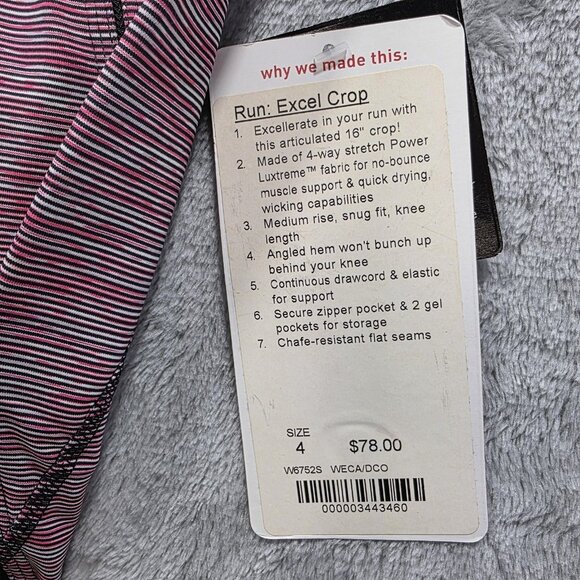 Lululemon Run Excel Crop Pants Womens 4 Pink Black Stripe Luxtreme Gel Pockets - Picture 5 of 10